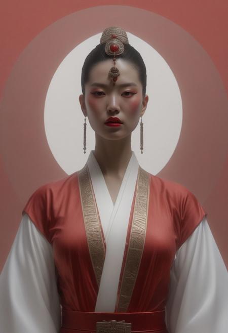 close up shot, Symmetrical front view, Warrior queen, japanese, extremely perfect body, turban, white transparent robe, oiled skin, sensual, erotic, red cape,  by Fernand Khnopff, oil on canvas, detailed, limited color palette oil, artwork by Jean-Michel Basquiat, octane rendering, trending on artstation,  natural light, sharp focus, cinematic, concept art, dramatic illumination, glowing eyes, ethereal in detail