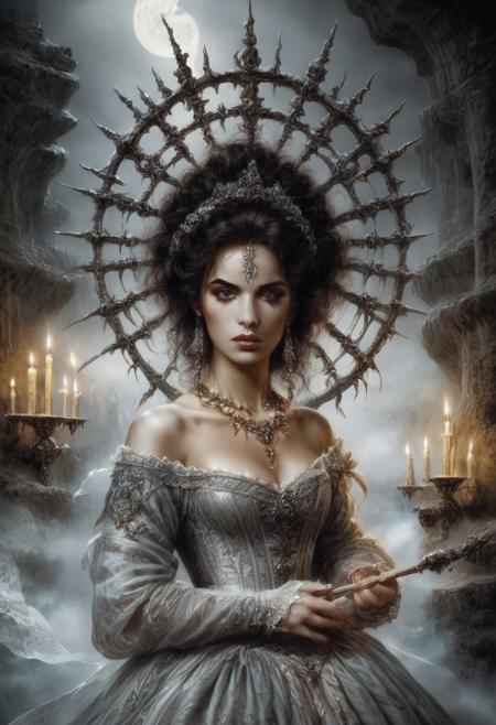 score_9, score_8_up, score_7_up, rating_safe, Fixhand,
concept art, realistic, dark theme, low light, dvr-gs, Portrait, 1girl, solo, HAROQUE2.
long dress, Diamond necklace. 
Thorn halo.
flirting.
medieval castle ballroom, haze, fog, candles, incense.