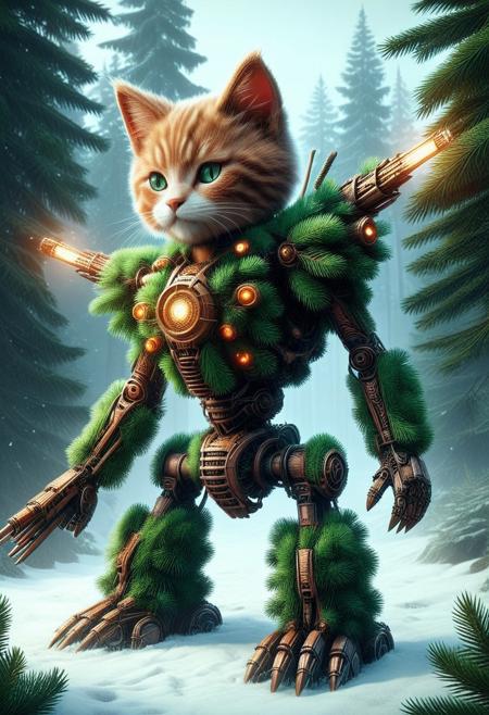 fir needle style, (((score_9, Score_8_up, score_7_up))), Cute kitten, battle-worn mech robot made out of fir needles designed for a futuristic combat game. The mech should have heavy fir needle armor plating, with visible joints and glowing power cores. Include weapons mounted on its arms, such as missile launchers and a plasma cannon. The design should showcase mechanical details, rust, and dents to emphasize its use in combat, with glowing rgb lights indicating its power source is enable electricity,