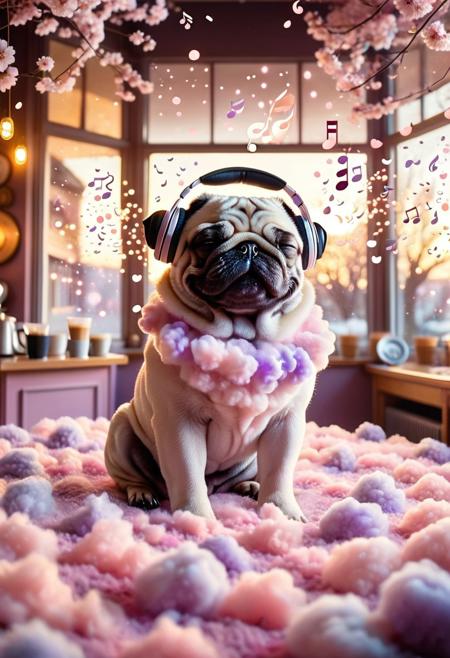 lazypos, cottoncandy
a cotton candy pug with closed eyes, wearing wireless headphones, immersed in rhythmic melodies, soft smile of euphoria illuminating his face, surrounded by floating musical notes and cherry blossom petals, warm golden hour lighting with bokeh effects, pastel color palette of blush pink and pastel purple, healing atmosphere with glowing particles, dynamic composition with flowing hair strands, cozy coffee shop background with sunlight streaming through windows ,emotional resonance of musical therapy