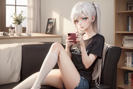 (masterpiece, best quality:1.2), <lora:rwby_schnee-10:0.8>, solo, 1girl, weiss schnee, unamused, sitting on a sofa, holding phone, long hair, scar across eye, t-shirt, shorts, kneehighs, living room, bookshelf, coffee table