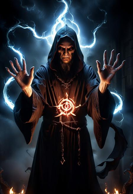 score_9, score_8_up, score_7_up, score_6_up, score_5_up, score_4_up, (absurdres, best quality, masterpiece:1.4), illustration, photorealistic, cinematic lighting, dynamic angle, perfect composition, darkness, dark sorcerer, shadow magic, glowing hands, swirling darkness, ominous aura, black robes, demonic symbols, malevolent, cursed energy, nightmarish