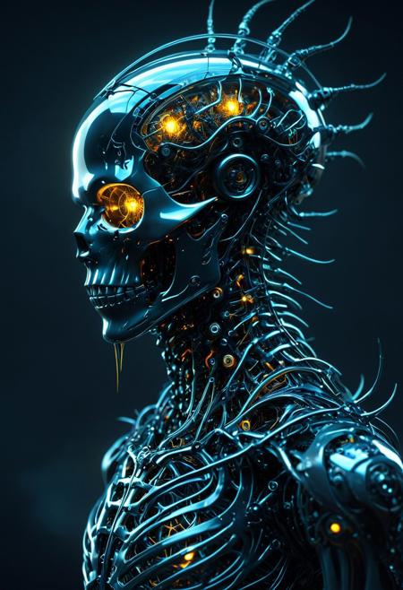 An enthralling 3D render unveils a dark fantasy mechanical neck spine system, envisioning a futuristic and sinister concept. The spine is intricately detailed, incorporating fiber optic neurons that interconnect with a polished, transparent helmet. The helmet houses electronic-optical eyes that emit a subtle, enigmatic glow, contributing to the ominous appearance. The design masterfully merges advanced technology with the macabre, eliciting a sense of enigma and captivation. This conceptual artwork prompts the viewer to contemplate the intersection of technology and dark fantasy, evoking a blend of fascination and discomfort.