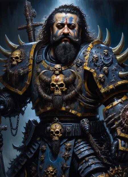 oil painting of a bearded chaos marine, dark shot, dramatic, extremely detailed++, intricate, by Greg Rutkowski, photo+++