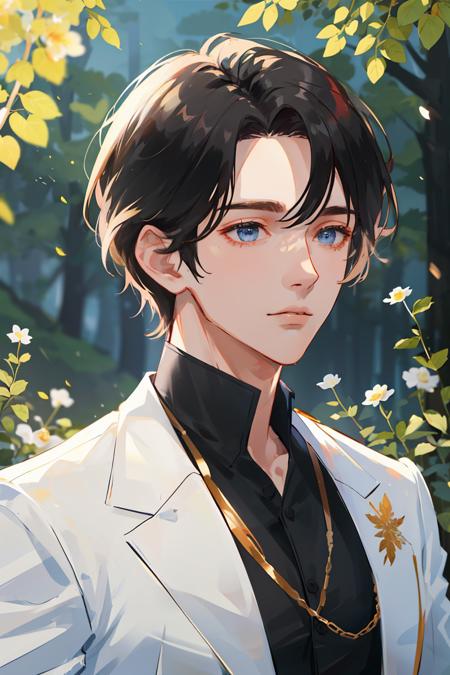 ((masterpiece:1.2, best quality)), 1man, adult, mature, (handsome:1.4), very short hair, forehead, white suit, Forest, flowers blooming, glowing, Sunlight, best light and shadow, Scenery, extremely detailed face, portrait, (muscle:1.4, broad shoulders:1.4), stoic