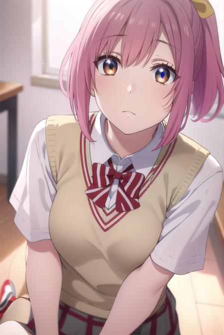 mariasarushima, <lora:maria sarushima s1-lora-nochekaiser:1>,
maria sarushima, short hair, (brown eyes:1.3), pink hair, ponytail, ribbon, hair ribbon,
BREAK skirt, shirt, bow, school uniform, white shirt, short sleeves, pleated skirt, striped, bowtie, red bow, grey skirt, sweater vest, striped bow, striped bowtie,
BREAK indoors, classroom,
BREAK looking at viewer,
BREAK <lyco:GoodHands-beta2:1>, (masterpiece:1.2), best quality, high resolution, unity 8k wallpaper, (illustration:0.8), (beautiful detailed eyes:1.6), extremely detailed face, perfect lighting, extremely detailed CG, (perfect hands, perfect anatomy),