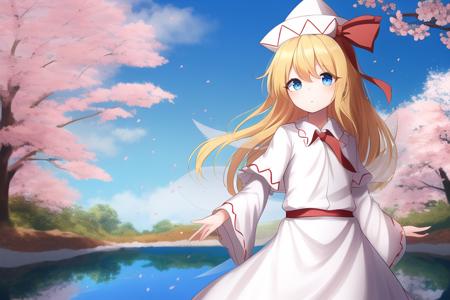 masterpiece, best quality, <lora:lilywhite-000009:0.55>,lily white,touhou, long hair,blonde hair,white hat with red pattern,white dress,white sleeves,blue eyes,wings, standing,cherry blossoms, blue sky,clear sky,spring \(season\),flat chest,looking at viewer,