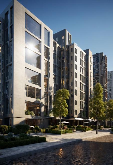 (((Modern style architecture, housing, luxury residence))),
outdoors, sky, tree, blue sky, no humans, ground vehicle, building, scenery, reflection, city, cityscape, bare tree, skyscraper, real world location,
(Large Files, Ultra Realistic, 8K, 16k, FHD, HD, VFX, Perfect, Photography, composition, Architecture Sales Photography, Architecture Competition, Ultra High Resolution, Cinematography, High Resolution Image:1.1), (dramatic lighting, direct sunlight, ray tracing, clear shadow:1.2), (real landscape:1.1), (blurred background:1.0), (urban background, more_details)  
(avant-garde, future, reality, science fiction, photorealistic), (modern architecture:1.2), White limestone with black granite, fountain, waterfall, landmark, square, path, narrow street,
(Large Files, Ultra Realistic, 8K, 16k, FHD, HD, VFX, Perfect, Photography, composition, Architecture Sales Photography, Architecture Competition, Ultra High Resolution, Cinematography, High Resolution Image:1.1), (dramatic lighting, direct sunlight, ray tracing, clear shadow:1.2),  (real landscape:1.1), (blurred background:1.0), (urban background, more_details) ,
great lighting, extremely detailed, clear, SteamPunk, scifiurban, vertical