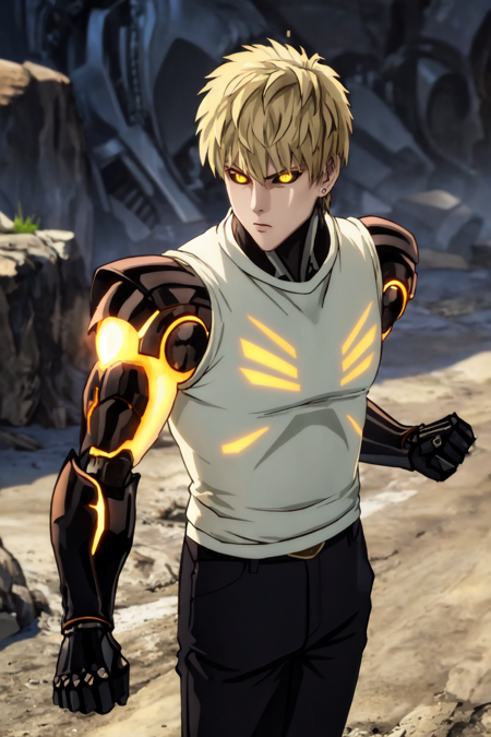 (masterpiece, best quality:1.4), colorful, high contrast, genos <lora:ironcatlora6GenosOne_v10:0.8>, white shirt, sleeveless, black pants, mechanical arms, glowing, glowing eye, fighting stance, standing, looking at viewer