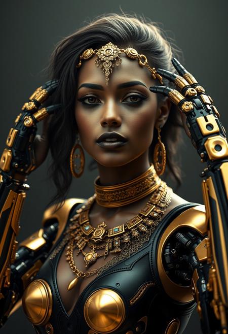 black and gold realistic in the style of a   , a beautiful woman from Mumbai as a cyberpunk , 8 robotic arms, body jewelry , flat shading, 8k Ultra HD detailed photograph.