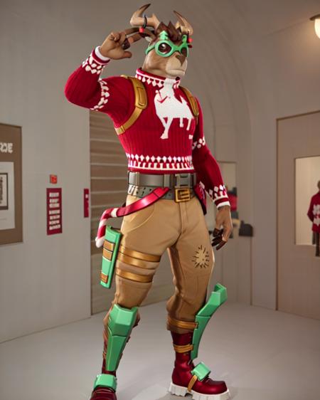 <lora:Fortnite_Dolph:0.6>, Fortnite_Dolph, Novelty Glasses, Christmas Sweater, Belt, Christmas Stocking, Christmas Lights, Candycane, Pistol Holster, Christmas Ball Ornament, Khaki Pants, Shin Guards, Boots, volumetric lighting, (((heroic pose, shopping mall))), cgi, 3d, octane render, clouds, ambient occlusion