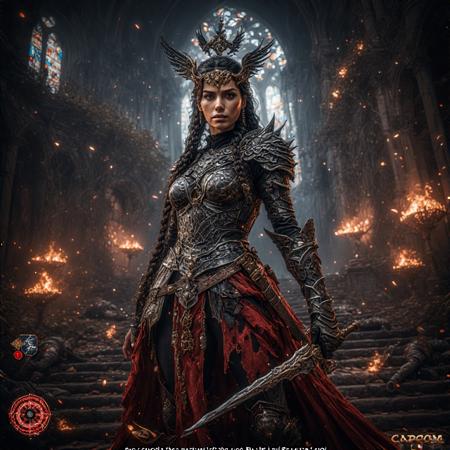 masterpiece portrait of a fantasy warrior queen in a ruined cathedral battleground::1.4, Capcom cinematic realism style::1.2, high fantasy action RPG key art::1.1,

(physical description: statuesque adult woman with light brown skin, toned muscular build, long dark braids adorned with gold rings:1.1),
(facial features, expression: intense, commanding eyes with a stoic expression of controlled fury:1.0),
(clothing details: ornate obsidian-black armor with silver filigree, crimson velvet cape torn at the edges, armored corset and plated greaves:1.0),
(accessories: jeweled crown shaped like raven wings, ancient runeblade etched with glowing red glyphs, battle-worn scabbard:0.9),

(background setting: crumbling cathedral overtaken by vines and firelight, shattered stained glass casting colored shards of light, fallen enemies strewn across the stone floor:0.9),
(lighting style: dramatic directional lighting from flaming braziers and moonlight through high arches, high contrast highlights on armor:0.8),
(composition and camera framing: low-angle hero shot from slightly behind and to the side, focused on the queen’s stance atop cathedral stairs:1.0),
(emotional tone or theme: dark fantasy glory and grim authority, unbending leadership forged through blood and conquest:0.9),

(technical execution: ultra-detailed architectural textures, sharp realism in metallic surfaces and cloth rendering, cinematic motion blur on cape and embers:0.8),
(user interface elements: stylized fantasy UI with health/mana bars shaped like phoenix wings, skill icon wheel in lower left corner:1.0)