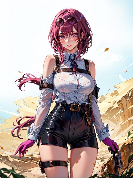 1girl, solo, eyewear on head, gloves, large breasts, looking at viewer, shirt, sunglasses, bangs, white shirt, long sleeves, pantyhose, pink hair, pink eyes, shorts, blush, thigh strap, bare shoulders, purple hair, cowboy shot, hair between eyes, collared shirt, thigh gap, parted lips, standing,realistic,shiny skin,(mature female:1.2),<lora:kafka-v2-naivae-final-6ep:0.7>