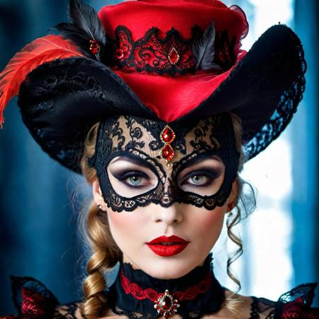 a woman wearing a black and red mask, by Nina Petrovna Valetova, beautiful cowboy witch, dressed in black lace, dramatic face, both have red lips, innocent look. rich vivid colors, red facial stripe, with very thin lips, beautiful costume, moulin rouge, red cap, with high cheekbones
