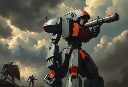 A masterfully handcrafted oil painting in the style of Raphael and Houdini, depicting a scene from a grimdark dark fantasy video game. The central figure is a large, imposing mechanical robot, predominantly gray and red, with a disproportionately large head and a smaller, powerful body. A massive gun is held, pointed decisively towards the right. In the shadowed background, two other robots stand ready; one brandishes a shield, the other a sword. The sky above is thick with heavy, ominous clouds. The composition is impeccable, adhering to the Golden Ratio, captured from a creative angle. Sharp Lines and Brush Strokes define the forms. Stunning Colors and Harmonious Colors, multi-colored, convey a powerful message, even within the grimdark palette. Captivating Lighting highlights the robot's form. This image is High-res, 4K, Exceptional Quality, with More Detail and Lifelike Details. Super Detailed Face and Eyes and Clothes (applied conceptually to robot's structure/optics), Beautiful Detailed Eyes (optics). Balanced Editing, Intentional Focus, Well-timed Moment, Isometric perspective. Dynamic Action Pose. Grammer Effect Style, Splash Ink Illustration elements, Octane Render, Unreal Engine 5 qualities implied through detail. Vivid Emotions (reflected in the scene's atmosphere/design), Joyful Impact (as an artistic contrast/instruction). CGSociety, Artstation Trending on ArtstationHQ. Contemporary Aesthetics. Beautiful Matte Painting. Handcrafted with Precision. High Quality.
