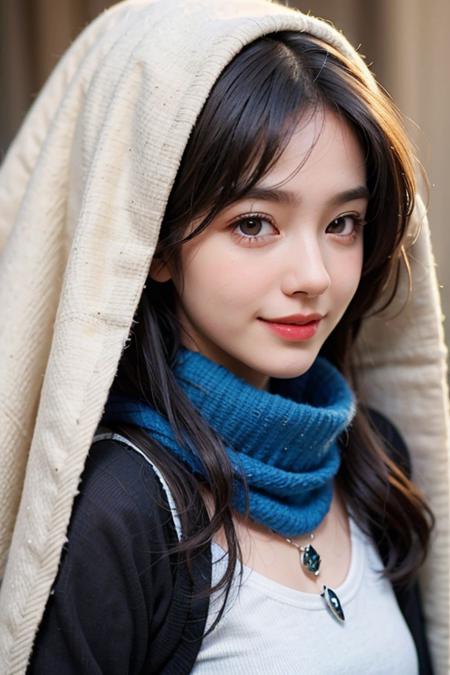 <lora:girlfriendmixV1_v10:1>,(close-up:1.4),
(RAW photo:1.2), (photorealistic:1.4),(masterpiece:1.3),(best quality:1.4), dreamlike, (detailed eyes),(detailed facial features), (detailed clothes features), skin tight, (shiny skin),(slender girl),(slim girl), 1girl,solo, cute,smlie,(medium breasts), bangs, straight hair, long hair, black hair, black eyes, crystal pendant, Long blue scarf,White long wool coat,Black thick pantyhose,Brown snow boots, deep shadow, low key,，<lora:epiNoiseoffset_v2_2:0.1> <lora:Film:0.2>