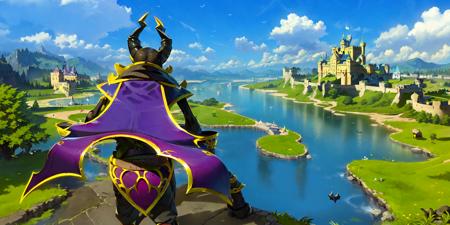 ((masterpiece, best quality,8k,ultra high res)),
pugna\(dota\),1boy,skeleton,official wallpaper,standing on hill,from the behind above,(human kingdom:1.3),(lots of castle:1.4),lake,wall,wand,holding,wand,morning,blue sky,cloud,birds