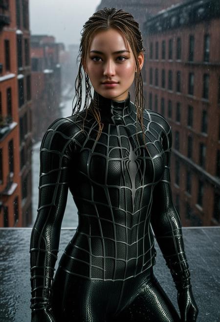 score_9, score_8_up, score_7_up, best quality, realistic, masterpiece, beautiful detail, hyperrealistic, 1girl, korean girl, on a building, rainy scenery, professional model of <lora:Spider-Man:1.5>, wears ultra - detailed black raimi spider - man suit, ultra - detailed and grained black raimi spiderman suit, suit covered entire body and hand, black spiderman gloves, braid hair, wet, cute handpose, light smile, (full body on camera), big breasts, (dirty skin), muscular bodybuilder girl, close up, octane render, highly detailed, volumetric, dramatic lighting, (highest quality:1.1), (HDR:1.3), (top quality, best quality), realistic, high definition,