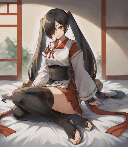 TenchuKagura miko,black hair,very long twintails,hair low-tied ball bell,hair over right eye,long wide ribbon-trimmed white sleeves,japanese clothes,sash,behind waist long ribbon,black toeless thighhighs,