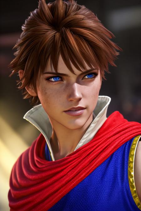 masterpiece, best quality, bartz klauser, brown hair, short hair, blue eyes, blue shirt, red cape, green belt, photorealistic lights, cinematic lighting, ultra detail texture, ultra detail hair, ultra detail face, perfect eyes, hyperrealistic paiting, fantastic realism, <lora:Bartz:0.7>