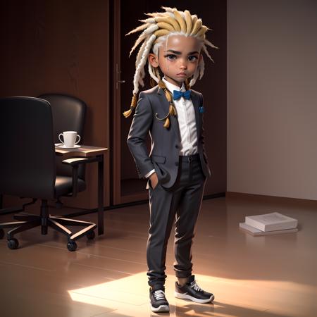 ((masterpiece, best quality)),(complex lighting),solo, looking at viewer, dreadlocks,multicolored hair, dark-skinned , formal,suit, 1boy, jewelry, standing, full body, white shirt,  male focus, shoes, pants,<lora:JaeyeonNam12-10:0.6>, blonde hair strand,