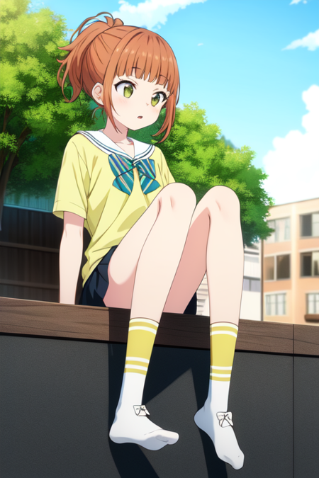 kirishimauta, blue sky, yellow shirt, bow, socks, shoes, white socks, full body, sitting, outdoors