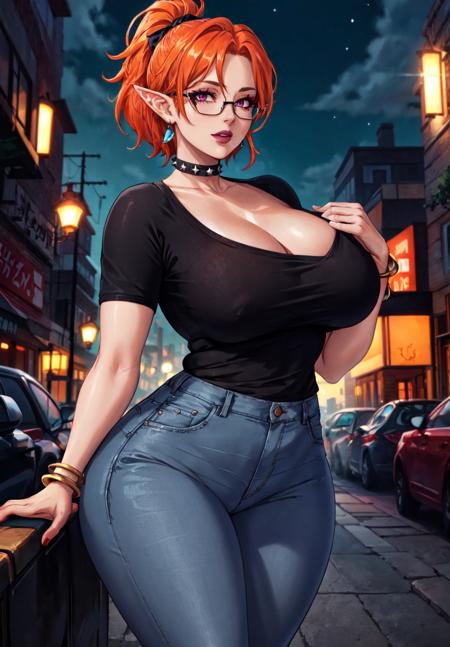 (masterpiece:1.2, best quality:1.2, beautiful, high quality, highres:1.1, aesthetic), detailed, soft lighting, perfect eyes, perfect face, perfect lighting, perfect hands , perfect fingers,
mature female,  1girl, milf, elf , elf ears, ((orange hair)), short hair , ponytail,  black ribbon, lipstick , black lips, (red eyes:1.4), ((glasses)), eyelashes, makeup, 
black  collar, medium breasts, curvy, voluptuous, thick thighs, cleavage ,(wearing a tight black shirt:1.2), (wearing tight blue jeans:1.1), spiked bracelet , bracelet with spikes, earings,  high heels,
looking at viewer , dark fantasy ,outdoors, quiet street , city scape, night, night sky,  <lora:milfication:0.7> ,  <lora:envybetterhandsLocon_beta2:1>, <lora:add_detail:0.4>, <lora:GoodHands-beta2:1>