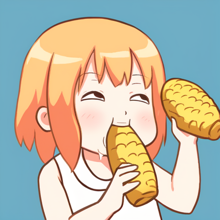 chibi upper body squinting eating holding food in both hands looking up looking to the side