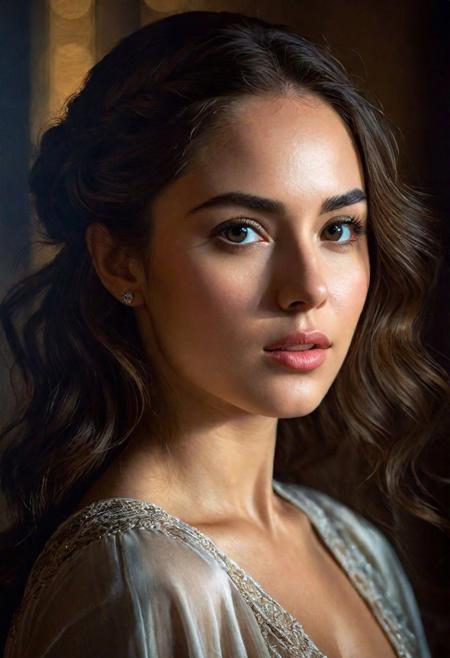 high quality, 8K Ultra HD, hyper-realistic portrait of a captivating woman, With her extraordinary level of detail. The woman is portrayed in a moonlit setting, her features bathed in a soft, diffused glow that accentuates the delicate nuances of her expression. The artist, drawing from Sargent's precision, captures every subtle contour of her face, the intricacies of her gaze, and the cascading strands of her hair, In this mysterious ambiance, the artist employs da Vinci's mastery of shadow and light, creating an alluring interplay that accentuates the enigmatic aura surrounding the woman, Shadows dance across her features, enhancing the depth of her gaze and adding a touch of secrecy to the composition