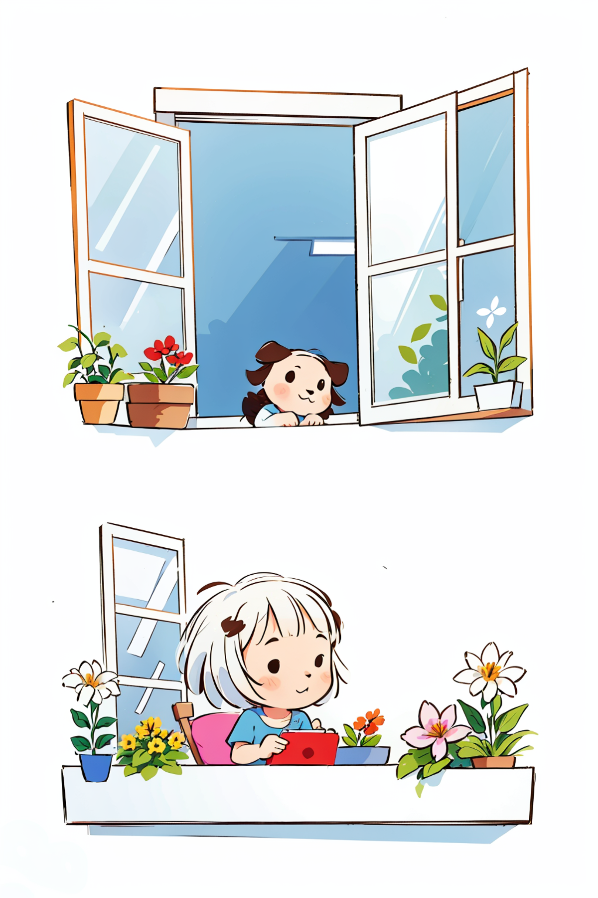 A little girl with white hair sitting in a chair, holding a tablet, and surrounded by potted plants.