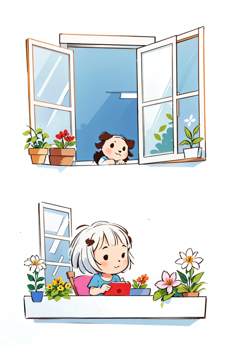 massey, lineart, white background,illustration, cute, 2d, 1girl, solo, short hair, white background, flower, window, bug, plant, spot color, dog, flower,
 <lora:janemassey-04:0.7>