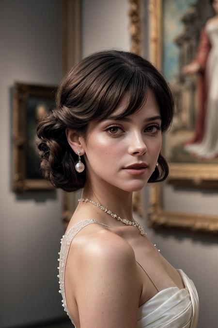 AshleyG_SoloTI_v1,
(In a flowing ivory gown with intricate lace details, paired with vintage pearl earrings, for a timeless and elegant look),
(Amidst a grand museum exhibit, surrounded by ancient artifacts juxtaposed against modern art installations, an aura of grace and poise transcends time:1.3),
(seductive:1.3),(analog, cinematic, film grain, hazy atmosphere, cinematic shot:1.3), 
 <lora:add_detail:0.6>,<lora:LowRa:0>, PA7_Portrait-MCU,