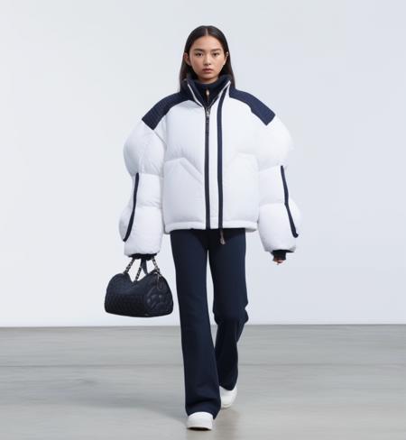 <lora:fashion_lora:1.5>,  <lora:ana_lora_sdxl_v3-000008:1>, Puff, Down jacket, (Clean white background:0.8), 1girl, solo, 8k, Octane rendering, (Full body:0.8), Photo quality, (realistic:1.37), (Real lighting:1.3), Fine facial features, Detail Shadow, Oval face, Mid split long hair, double-fold eyelids, Seven headed body, White teeth, White skin, Parallel perspective, Long sleeved, Velcro, double zipper, (Nine headed body:0.75), fashion, short style, hat, long sleeve, V quilted suture, cuff rib, knot, pull rope, zipper, white clothing, shoes, sunglasses, single person, sneakers, shorts, jacket, socks, standing, gray background, whole body, 1 girl, open clothes, gradual change, gradual change background, shirt, black hair, long sleeve, open jacket, necklace, bag