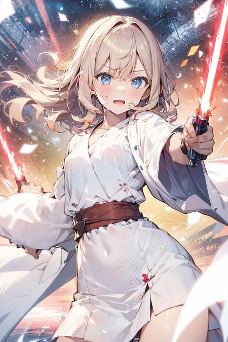 absurdres, highres, ultra detailed, 1girl, white robe, small breasts, BREAK, <lora:light_saber_v2:0.90> light_saber, holding weapon,dynamic pose,