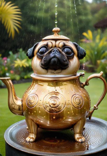 score_9, score_8_up, score_7_up, score_6_up,tearStyle2, Large Atai teapot in shape of a pug,
 in heavy rain water drop shining on his fur, surreal , standing in the garden , heavy rain, lighting, upper body shot, , CreepyCuteMagical