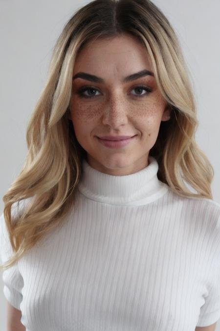 Photo of d3m1h4wk5 woman, detailed face freckless+, white turtleneck blouse,. sexy face