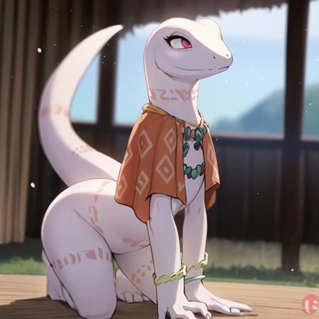 female scalie anthro crusch lizard, white body, tribal tattoo, cape, necklace, bracelet,(best quality, masterpiece:1), kneeling, curious expression, tilted head, thick tail, low angle view, indoors hut background, detailed style, flat chest, <lora:crusch-v1-AOM3:1>