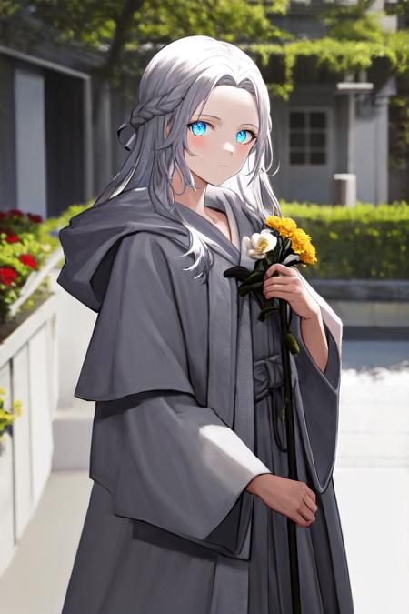 masterpiece, best quality, highres, 1girl, venat, grey robe, mask <lora:venat:1> looking at viewer, standing, holding flower, glowing, outdoors