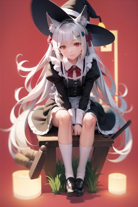 <lyco:vofan-14:0.7>, <lora:GoodHands-beta2:0.8>, masterpiece, best quality, 1girl, animal ears, apron, bell, black bow, black dress, black footwear, bow, broom, broom riding, cat, closed eyes, detached hair, doubleparted bangs, dress, energy ball, fox ears, fox tail, frilled apron, frilled dress, frills, full body, hair between eyes, hair ornament, halo, hat, juliet sleeves, long hair, long sleeves, looking at viewer, maid, maid apron, puffy sleeves, quad tails, red eyes, red socks, simple background, sitting, socks, spirit, tail, tassel, u u, very long hair, white hair, witch hat