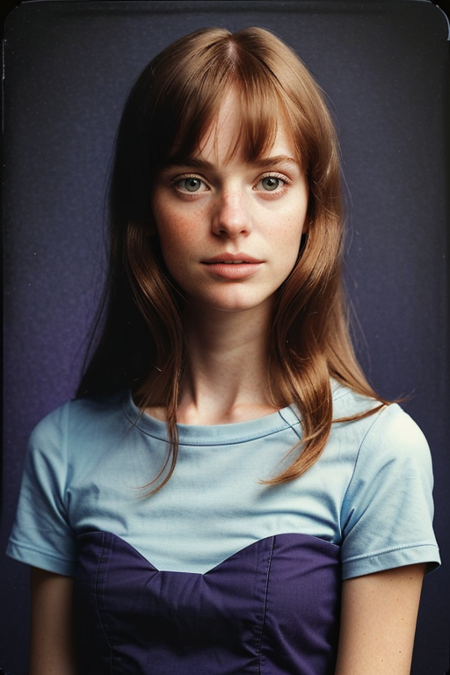 OlimpiaDomenici, Century Camera Co. Studio, 160mm f/8, 1/10s, ISO 25, ((tintype, portrait, full color, bold color, purple, indigo, gradient)), blouse, ((geometric halftone background))