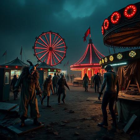 Haunted Carnival
   - A decrepit, abandoned carnival filled with eerie, decaying attractions. Ghostly clowns and twisted, demonic performers roam the grounds, their grotesque features illuminated by the dim, flickering lights of broken rides. The air is thick with a sense of dread and forgotten joy.