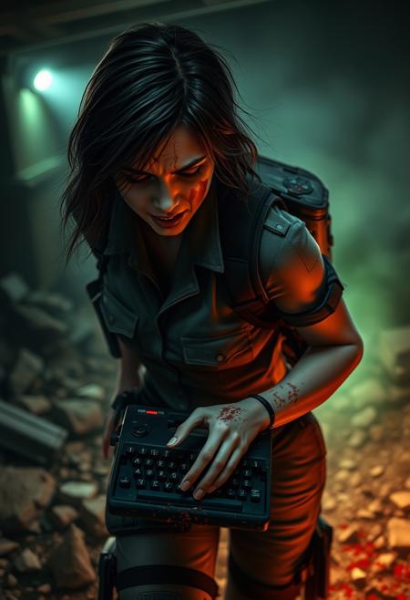 A beautiful woman from the Resident Evil era, wearing military uniform, dim flashlight beam, set in quarantined biohazard zone, with bloody typewriter, sprinting through rubble, with a face twisted in pain, close-up of blood-splattered face, surreal green fog filtering the light, with a backpack full of supplies. the last bullet, the final scream, no one coming to help