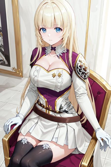 1girl cleavage cutout black thighhighs white skirt white dress belt white gloves white sleeves sheathed shoulder armor