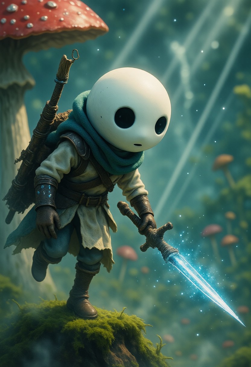 A cinematic close-up of a tiny Kodama Warrior with a smooth, ghostly white head and a gentle, friendly smile. He wears an adventurer's outfit inspired by Link from Zelda, with a small hooded cloak and forest Armor gear. His skull-like Kodama face glows softly under the hood. In one hand, he wields an impressive nature-based weapon—twisted wood, glowing moss, and embedded forest crystals give it a primal, ancient energy. Behind him, a massive, partially eaten fly agaric mushroom looms, its red cap dotted with white specks, adding an eerie and atmospheric backdrop. Floating particles drift through the forest air, catching soft rays of mystical light. Enchanted woodland vibe, photorealistic, ultra-detailed, shallow depth of field, cinematic composition and lighting.