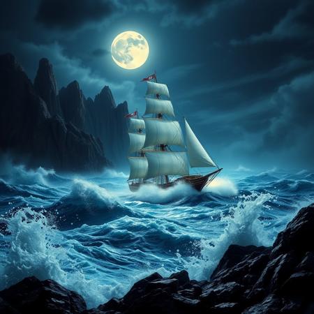 Dramatic, action-themed image featuring a majestic sailing ship with multiple white sails, navigating through a rough, storm tossed, moonlit sea. The ship is battling the waves which threaten to drive her onto the deadly cliffs. The scene is bathed in light from the full moon, which is illuminating the spray as the waves break. In the foreground, waves break on a rocky shore. In the background jagged islands rise majestically from the sea. high resolution, photorealistic, 24mm wide-angle lens.