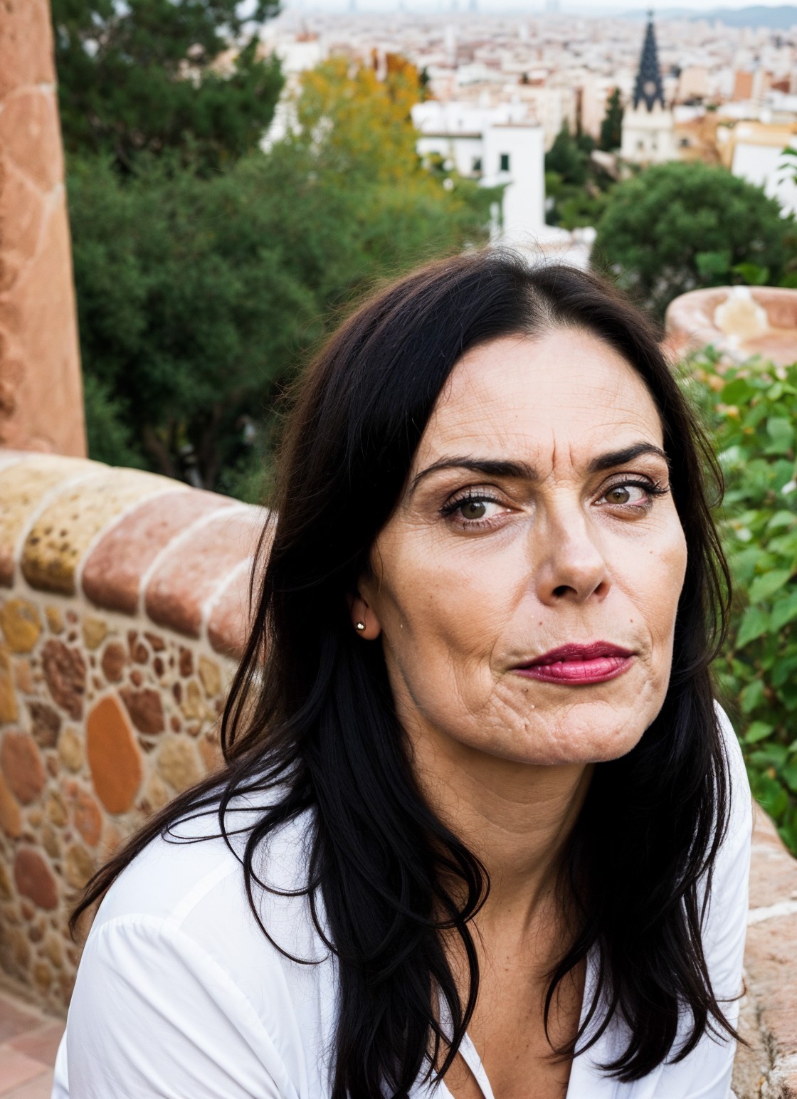 portrait of sks woman in Barcelona, at Park Guell, by Flora Borsi, style by Flora Borsi, bold, bright colours, ((Flora Bor...