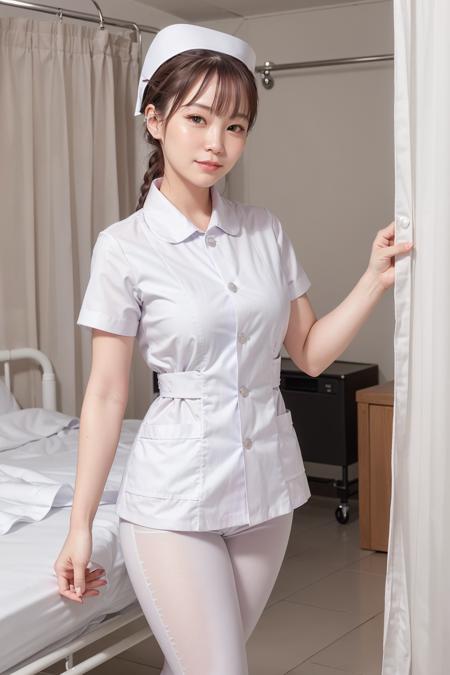 (photorealistic:1.4),(masterpiece:1.4),(best quality:1.4),ultra high res,HDR,8k resolution,detailed skin texture,detailed cloth texture,
aegyo sal,1girl,solo,(slim waist:1.4),brown hair,medium breasts,smile,nurse,<lora:nurse_v30:0.7>,(collared white nurse_uniform:1.4),(white cardigan:1.3),short sleeves,hat,white nurse cap,(white leggings:1.4),
(ulzzang-6500:0.5),<lora:Gini_S2:0.2:lbw=fach>,
(walking:1.3),<lora:infirmary_v0.1:1>,(infirmary:1.5),curtains,