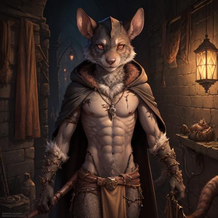 dark fantasy art, uploaded on e621, nsfw, explicit, explict, anthro, (rat, skaven:1), high res, ((detailed realistic image)), (glowing red eyes:0.8), (detailed eyes, expressive eyes), impasto impressionism, insane details, (hyper realistic fur:1.3), (detailed fur:1.3), pupils, (half-length portrait:1.3), (expressive face, detailed face), (realistic quality:1.3), (photographic quality:1.1), full color, (3d:1.1), (male), (sewer background), (rat features, skaven features:1), cinematic lighting, nipples, belly button, (smirk), loincloth, hooded cloak, (thief), (large scar on chest, scar over eye:1.1)