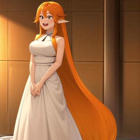 1girl, white dress, tied hair, absurdly long hair, orange hair, freckles, body freckles, :D