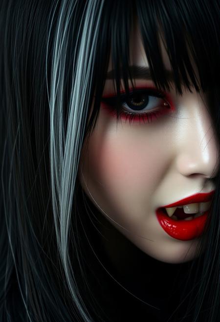masterpiece, high detail, ArsMJStyle, dnddarkestfantasy, masterpiece, closeup portrait of stunning oriental vampire Women, long black hair with white streak, dark eyeshadow, red lips, mouth slightly open showing fangs, chiascuro, sexy, seductive, erotic, direct gaze, dark background. highest definition, HD32K, wallpaper, hyperdetailed, concept art, extreme closeup, side profile